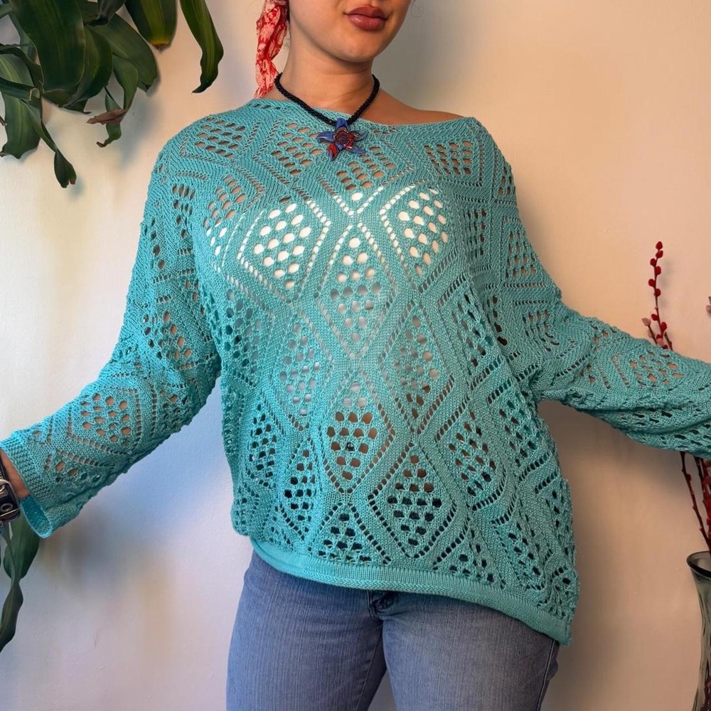 Teal Crochet Slouchy Knit Sweater Boho Mermaidcore Open Knit Top OS